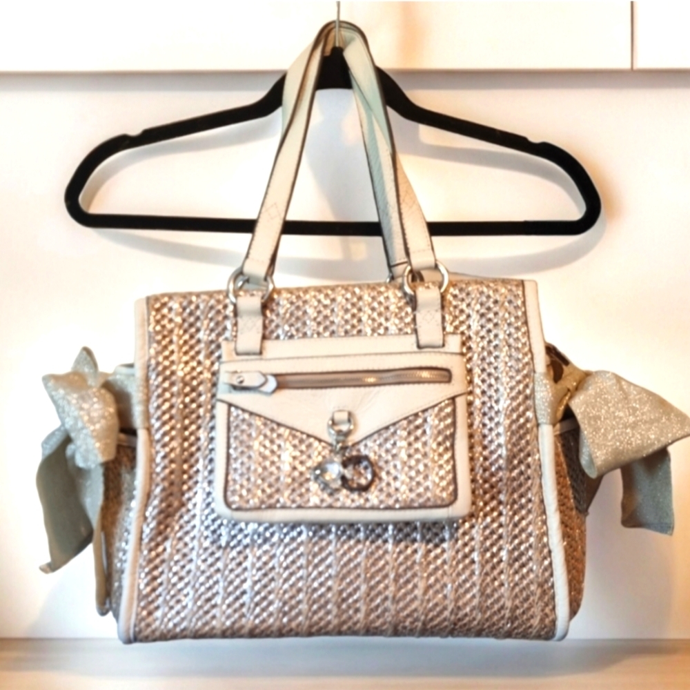 Juicy Couture Metallic Woven Elegant Shoulder Bag Silver and Cream Handbag